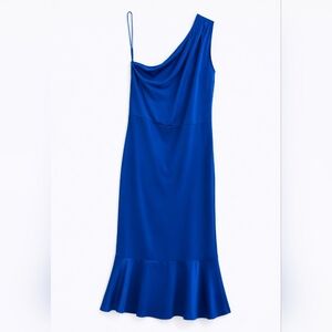 Grace Karin One Shoulder Cobalt Blue Midi Dress Mermaid Hem Elegant Size M